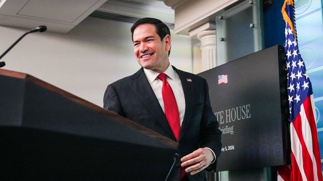 Secretary Marco Rubio arrives at a press briefing at the White House in Washington, D.C., May 5, 2026.